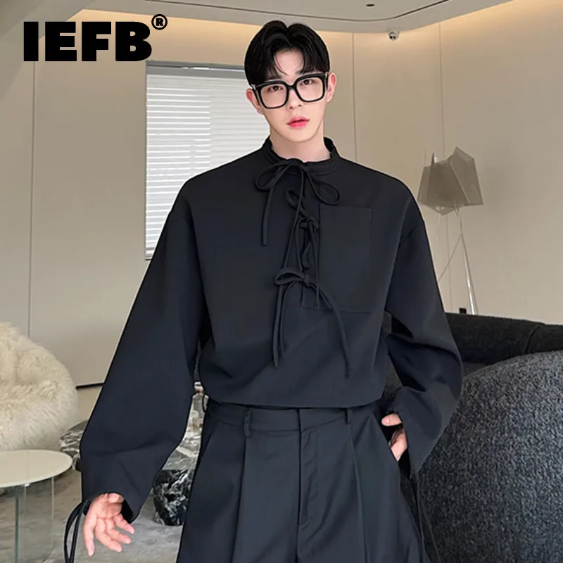 IEFB 2024 Men's Casual Sweatshirts Round Neck Long Sleeve Lace-up Loose Male Pullover Tops New Stylish Summer 2024 9C6199