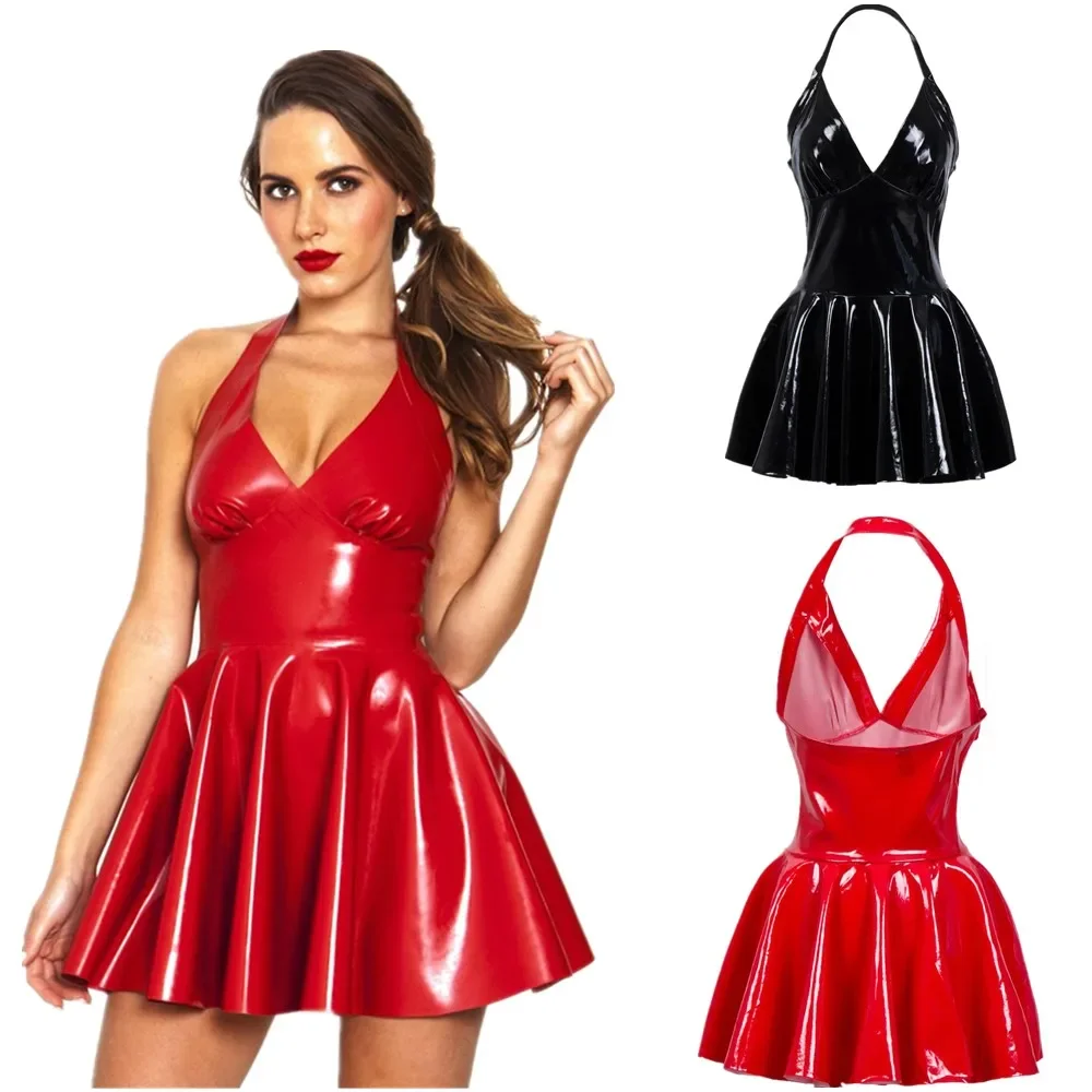 

2022 Sexy PVC Leather Latex Dress V-NeckShiny PVC Halter Sleeveless Catsuit Erotic Bondage Pleated Dress Clubwear Party Costume