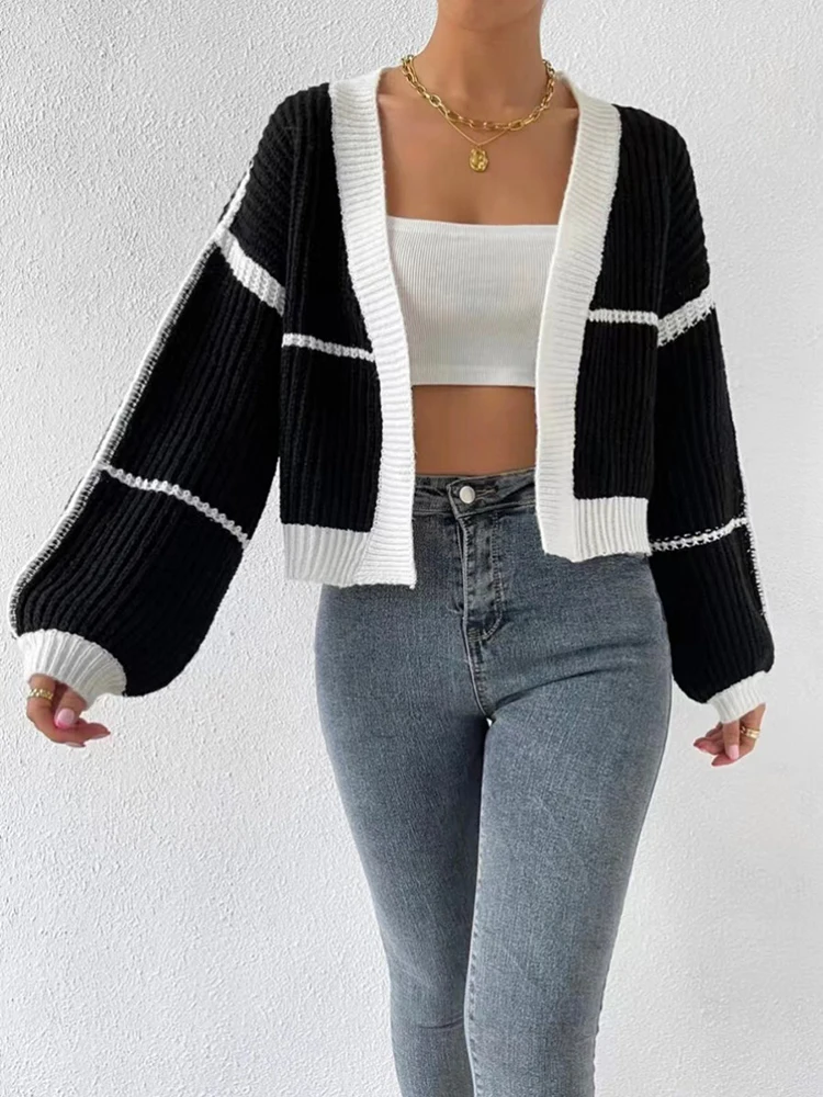 V-neck Cropped Knitting Cardigan Women Long Sleeve Color Contrast Sweater Coats Autumn Winter Fashion Plus Size Cardigan 0XL-3XL