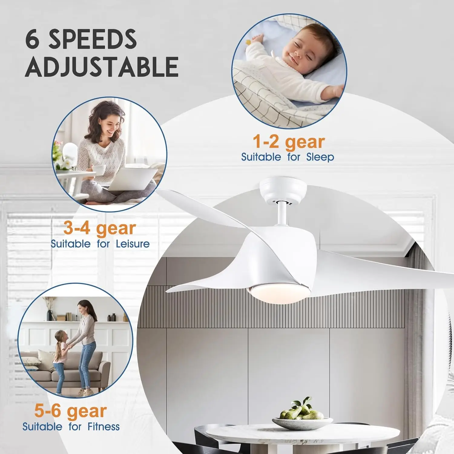 SNJ-ventiladores de techo inteligentes con luces y mando a distancia, ventilador de techo blanco de 52 "con luz, ventiladores de techo modernos