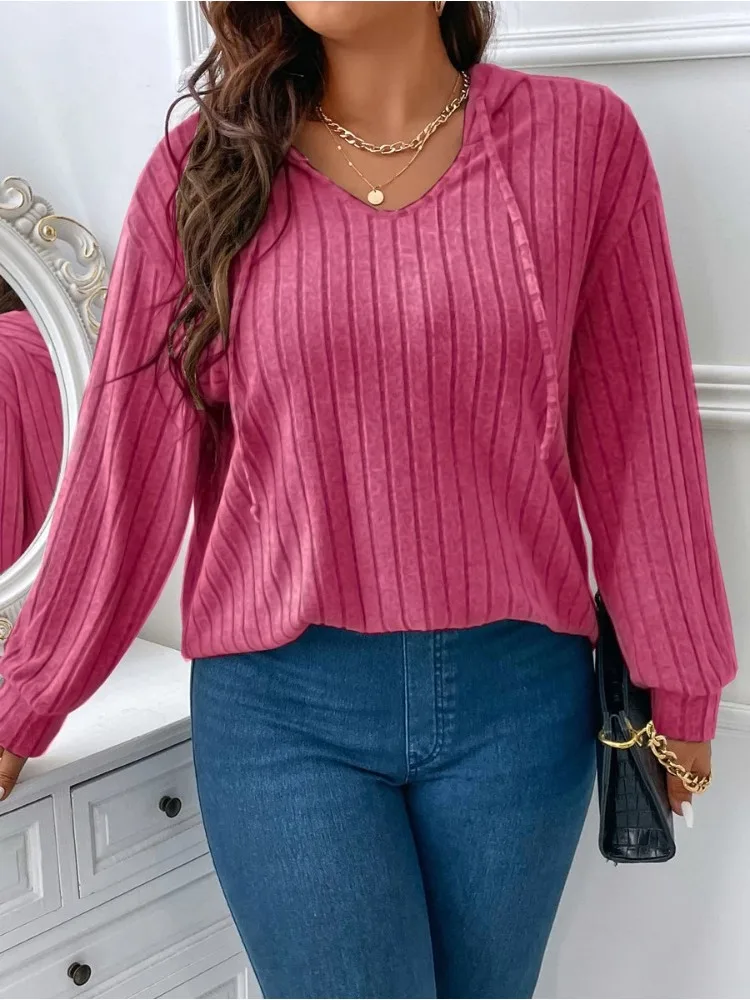 Women Fall Casual Ribbed Knit Hooded Pullover V Neck With Drawstring Long Sleeve Curved Hem Loose Fit Basic Tunic Shirt Tops