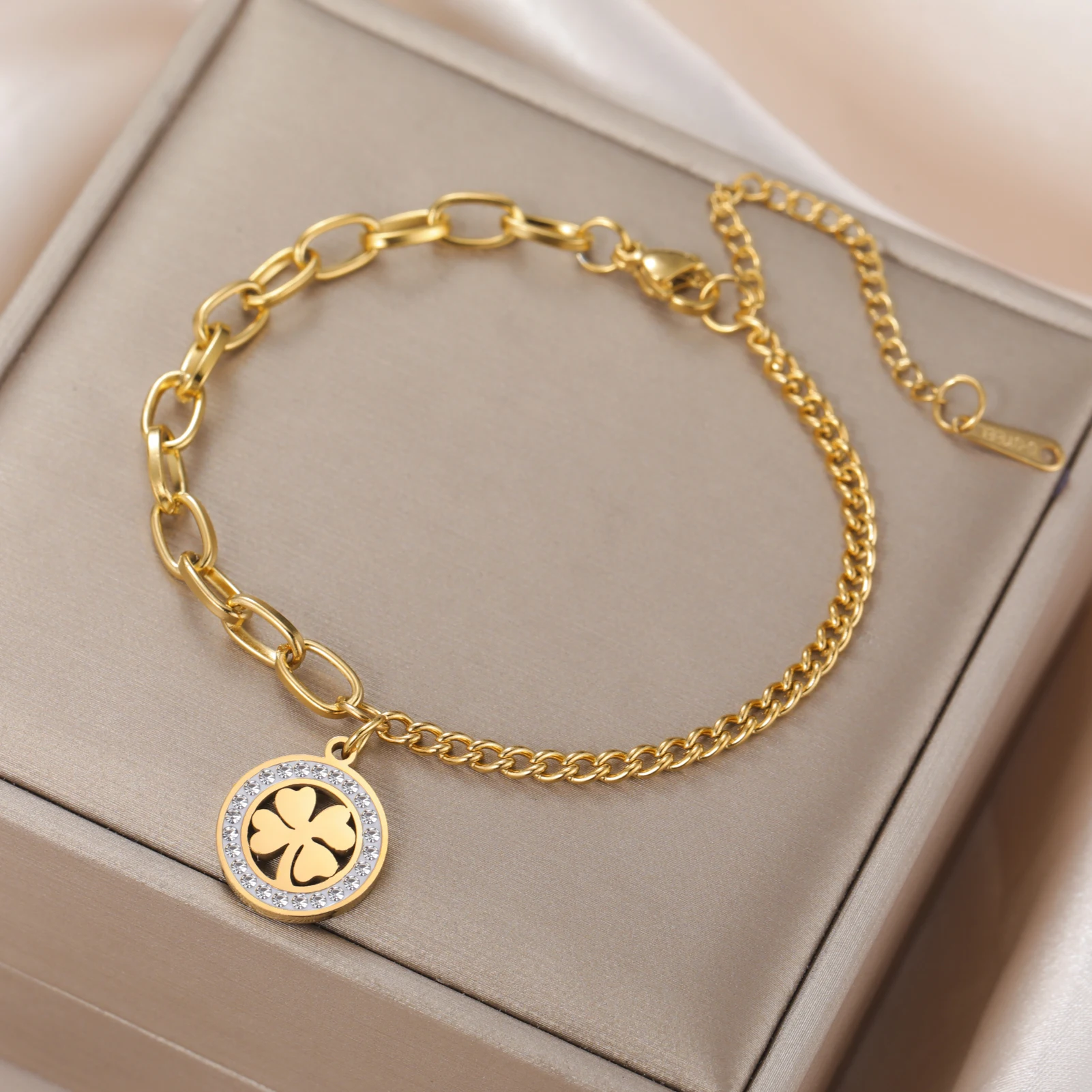 COOLTIME Edelstahl Runde Klee Armbänder Frauen Mode Klassische Zirkon Kristall Armband für Frauen Schmuck Geburtstag Geschenke – Detail 12