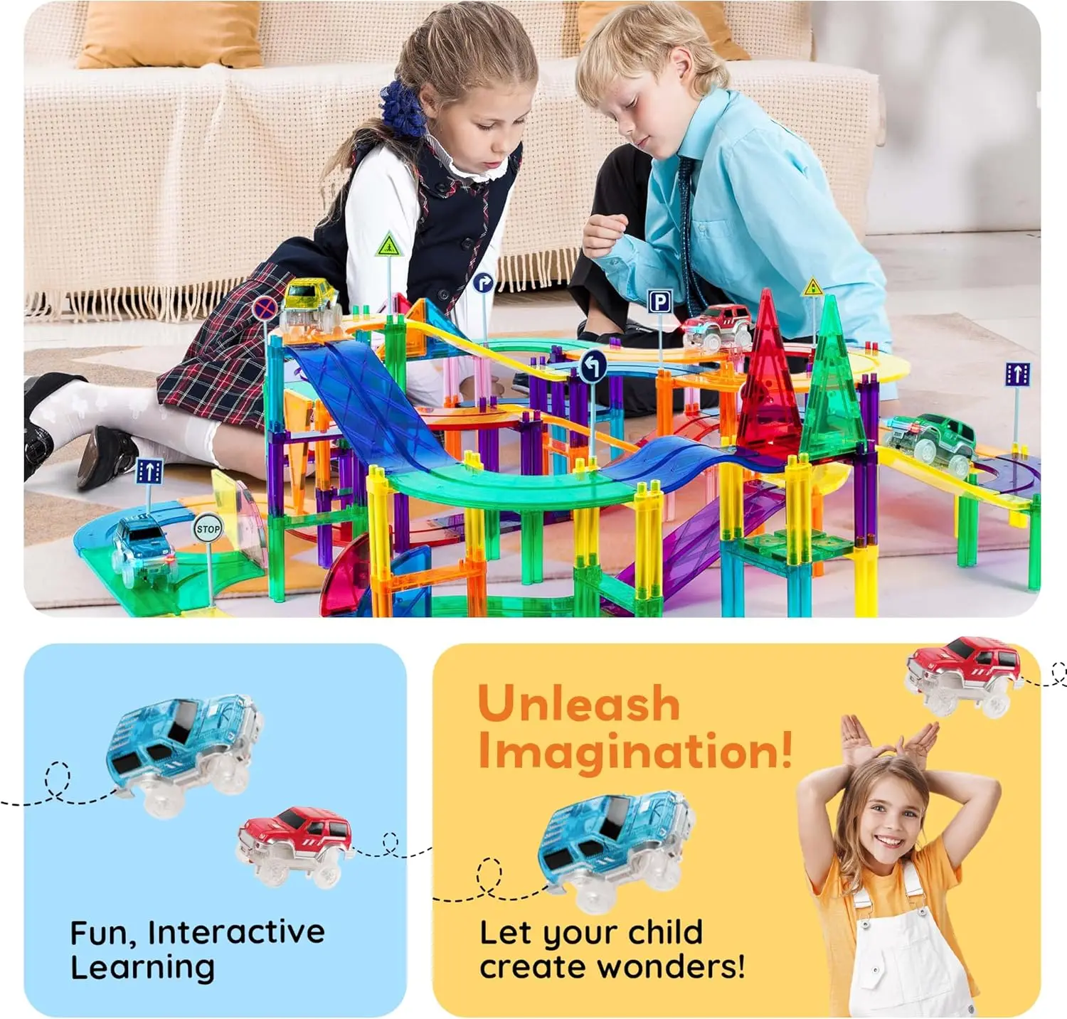 50 szt. Magnetyczne Płytki Toru Wyścigowego Zabawka Edukacyjna dla Dzieci z 2 Świecącymi Ciężarówkami STEM Przedszkolne Nauka Magnetyczne Płytki Zabawki dla Maluchów B