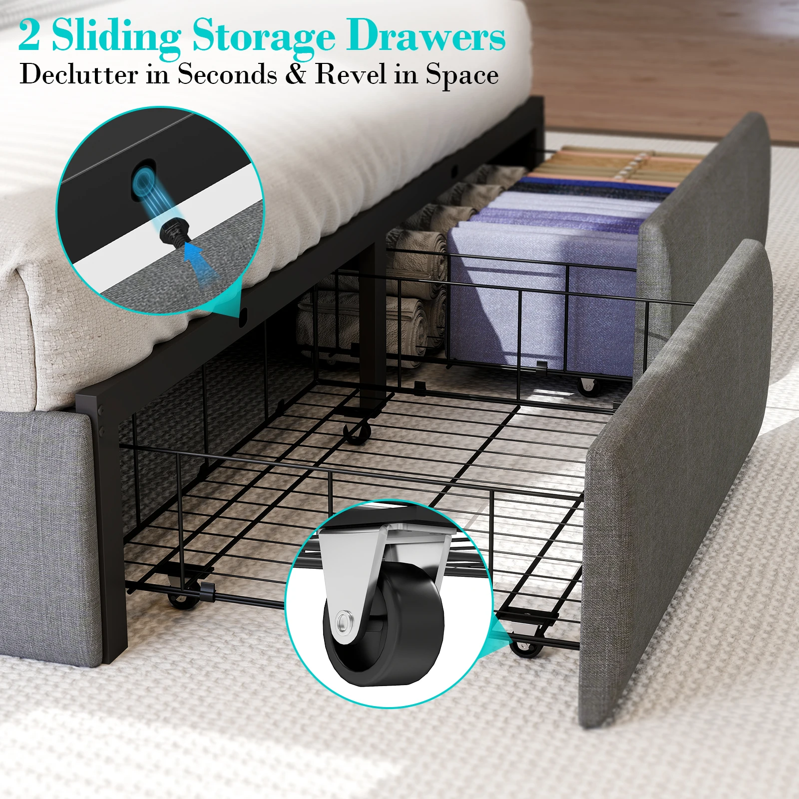 إطار سرير كوين GREUSUAL مع درجين للتخزين، إطار سرير بمنصة مقاس كوين مع ضوء LED، لوح رأسي منجد