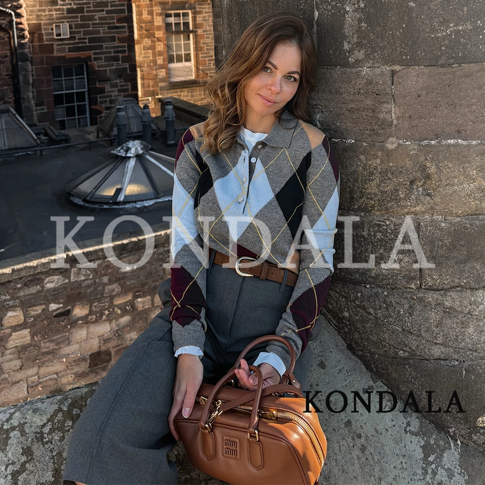 KONDALA Women Elegant Casual Rhombus Sweater 2026 Fall Trendy Vintage Chic Knitted Pullover Tops Simple Commute Ladies Sweater