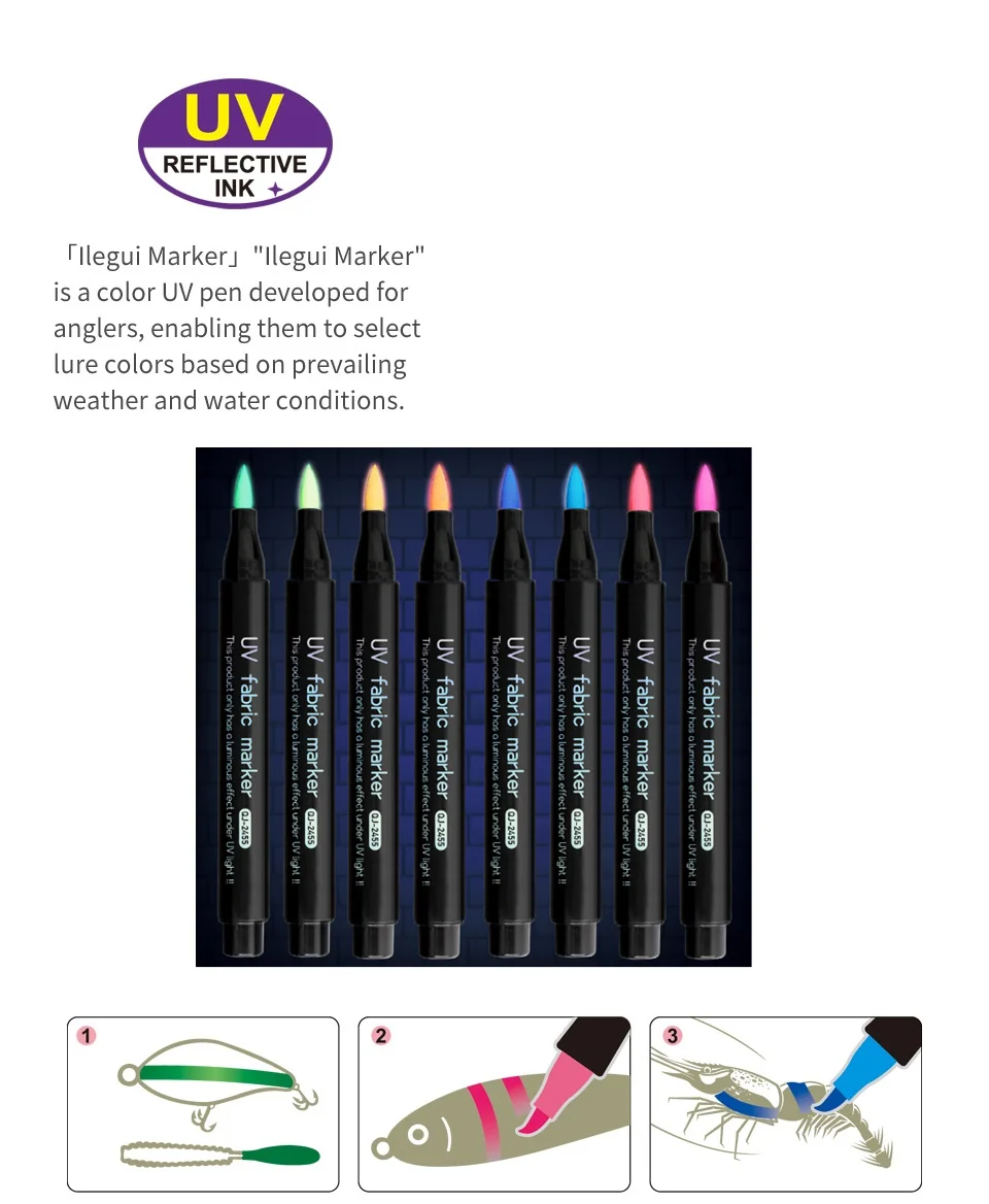 UV-reflektierender Ködermarker, 8 Farben, fluoreszierender Farbstift, DIY, individuelle weiche und harte Köder, Angelhaken, Pailletten, Kleidung, Graffiti-Stift – Detail 4