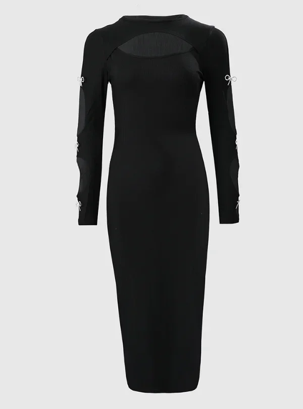 Robe mi-longue découpée à manches longues et col rond pour femmes, décor de nœud noir, tambour con, soirée de fête sexy, robes d'automne, nouveau style, 2024