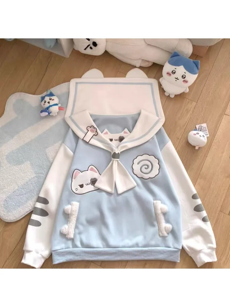 هوتشو Y2k الوردي Kawaii القط Juminocore النساء بلوزات الأزرق Cutecore بحار طوق النمط الياباني البلوفرات الحلو فضفاض Preppy