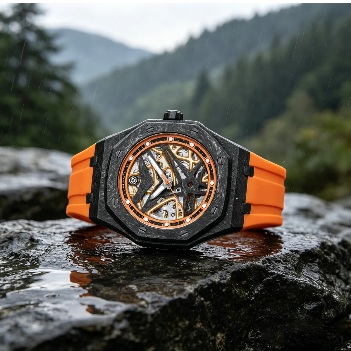 TIME TOKEN Premium Forged Carbon Skeleton Automatic Watch for Men Octagonal Bezel Luminous Waterproof Sports Wrist Watch T577