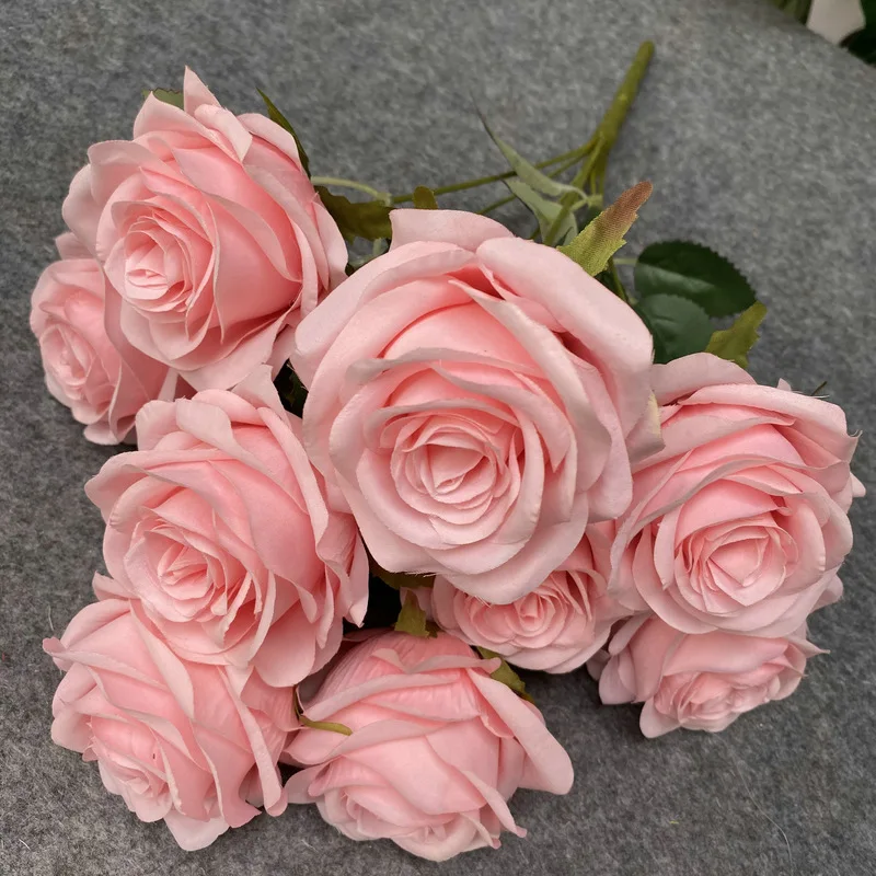 9Head Artificial Pink Rose Bouquet Flower Wedding Bridal Photography Props Home Garden Decoration Simulation Silk Rose Bouquet