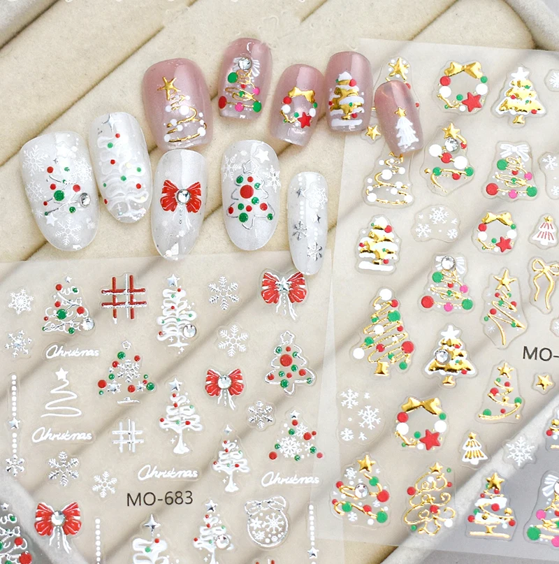 3 個 5d エンボスネイルアートステッカークリスタルダイヤモンドゴールドシルバークリスマスツリーボール雪の結晶デカールマニキュアのヒントアクセサリー