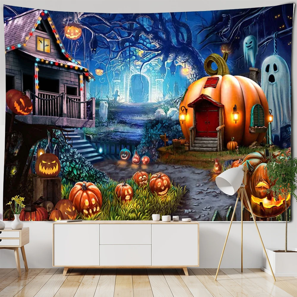 Home Decor Horror Spooky Castle Pumpkin Tapestry Kids Room Bedroom Living Dining   Fun Halloween Wall