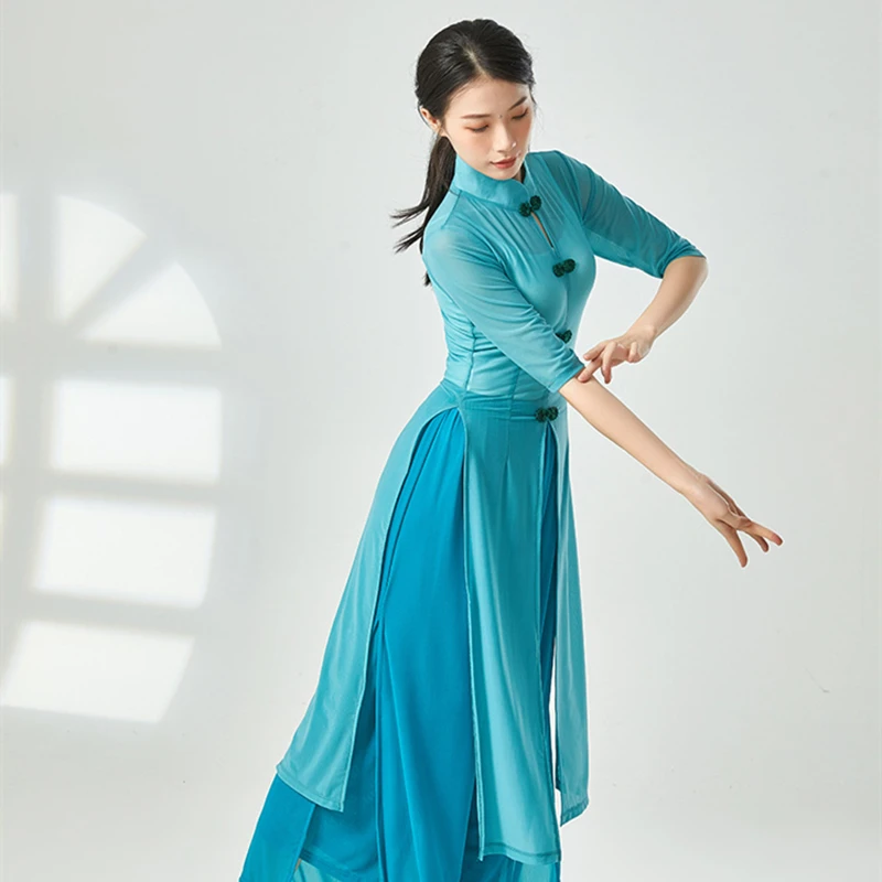 Chemisier Hanfu à manches moyennes pour femmes, haut Cheongsam, danse classique, manches longues, gaze, maille, chinois, folklorique, tenues de scène, olympiques de performance