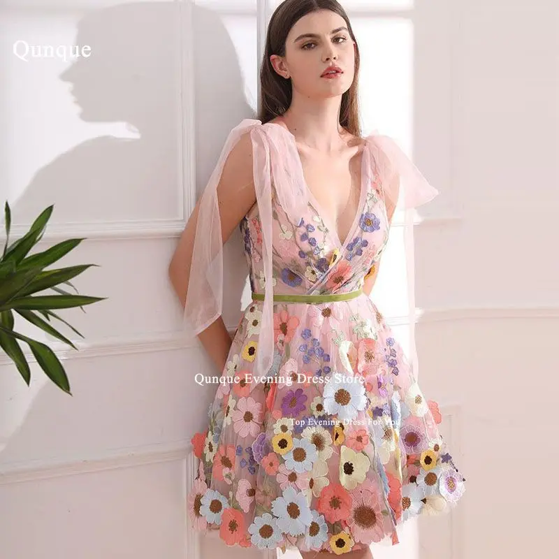 

Qunque Sexy Short V-neck Prom Dresses Bow Floral Print Flowers Mini Party Dress Evening Dress Vestidos De Fiesta Elegantes 2024