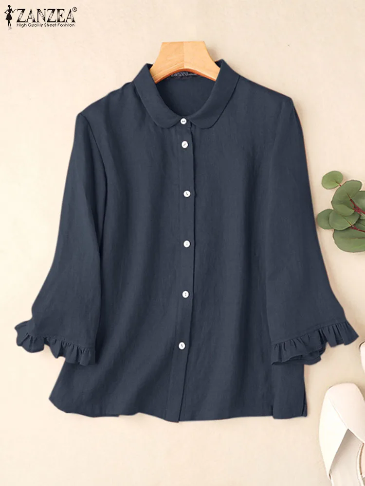 

2024 ZANZEA Women Summer 3/4 Sleeve Blouse Elegant Solid Cotton Shirt Female OL Work Blusas Fashion Casual Buttons Tops Tunic