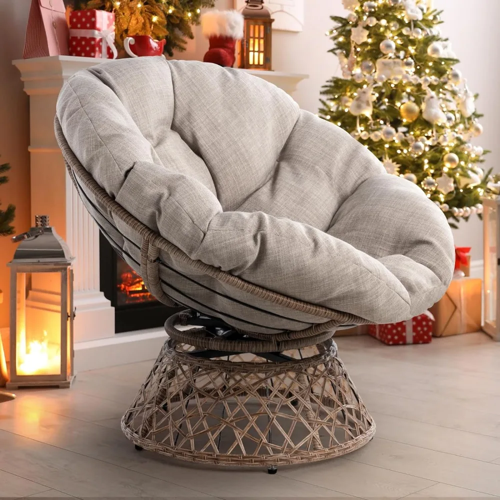 Ergonomischer Papasan-Stuhl aus Korb geflecht mit weichem Stoff kissen mit dicker Dichte, Stahlrahmen mit hoher Kapazität, 360-Grad-Drehgelenk zum Wohnen