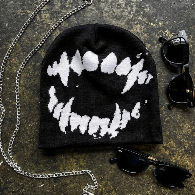 Unisex Pixel Demon Smile Beanie Hat Gothic Punk Y2K Edgy Knit Skull Cap Dark Aesthetic Kpop Harajuku Streetwear Hat for Women