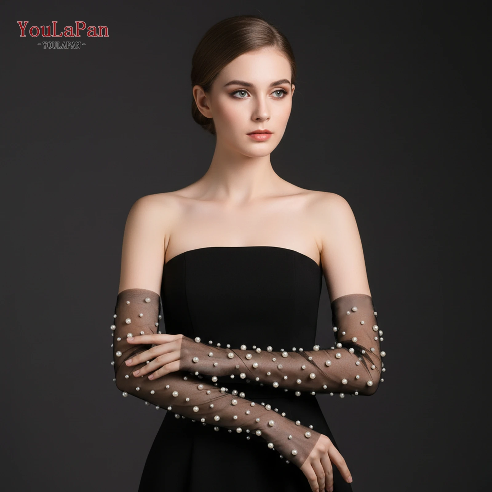 TOPQUEEN Black Bridal Pearl Gloves Elegant Wedding Gloves Fingerless Elbow Long Arm Decoration Suitable For Wedding Or Ball Mm46