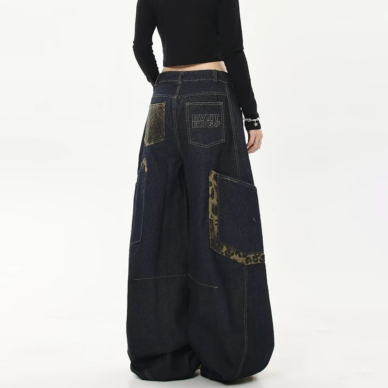 Jeans coreani retrò vintage a gamba larga per donna Pantaloni patchwork con stampa leopardata autunno e inverno Jeans larghi a vita alta