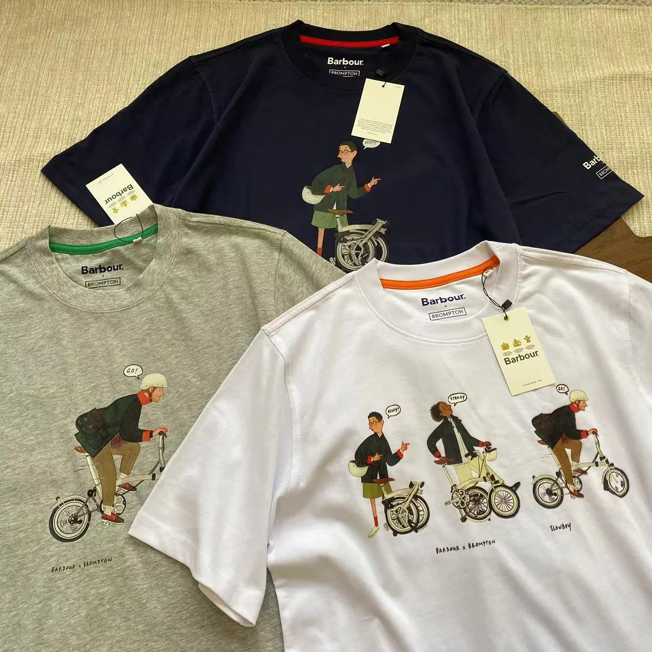 

Совместный бренд Barbour Slowboy, маленькая тканевая велосипедная иллюстрация, пуловер с короткими рукавами и круглым вырезом, футболка для мужчин и женщин