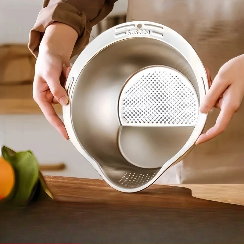 316 Stainless Steel Kitchen Colander, Thicken Integrated Rice Washing & Draining Bowl with Fruit Basket, Home Cooking Tool