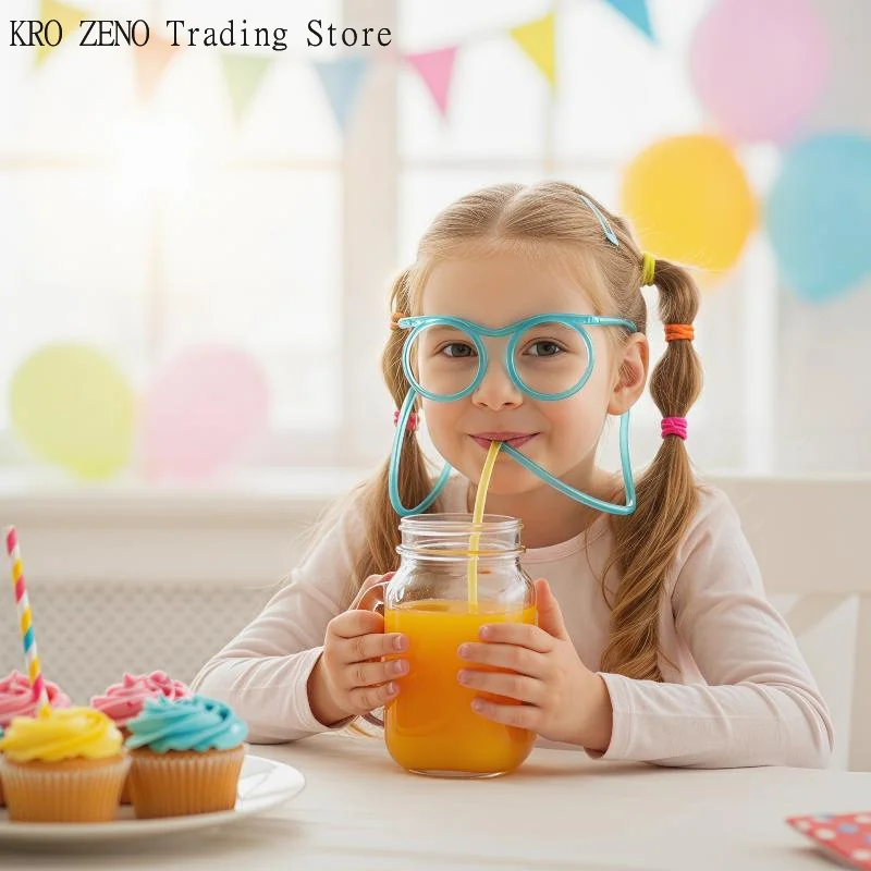 5Pcs Funny Eyeglass Shaped Drinking Straw DIY Flexible Plastic Straw Kid Birthday Party Game Home Beverage Drinking Accessories✨