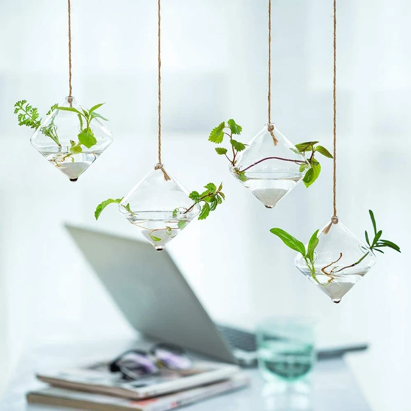집 정원 발코니용 유리 행잉 파종기, 물 공기 식물 용기, 테라리움 캔들 거치대, 줄 로프 포함, 4 개