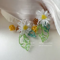 Manual Weave Resin Bead Irregular Flowers Daisy Long Drop  Earrings for Women