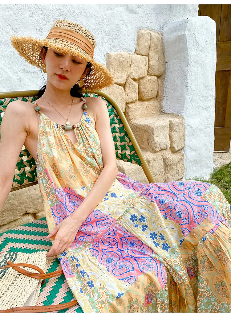 vintage boho floral printed maxi dress Summer Women Spaghetti Strap Beach Vacation Bohemian ladies Dresses