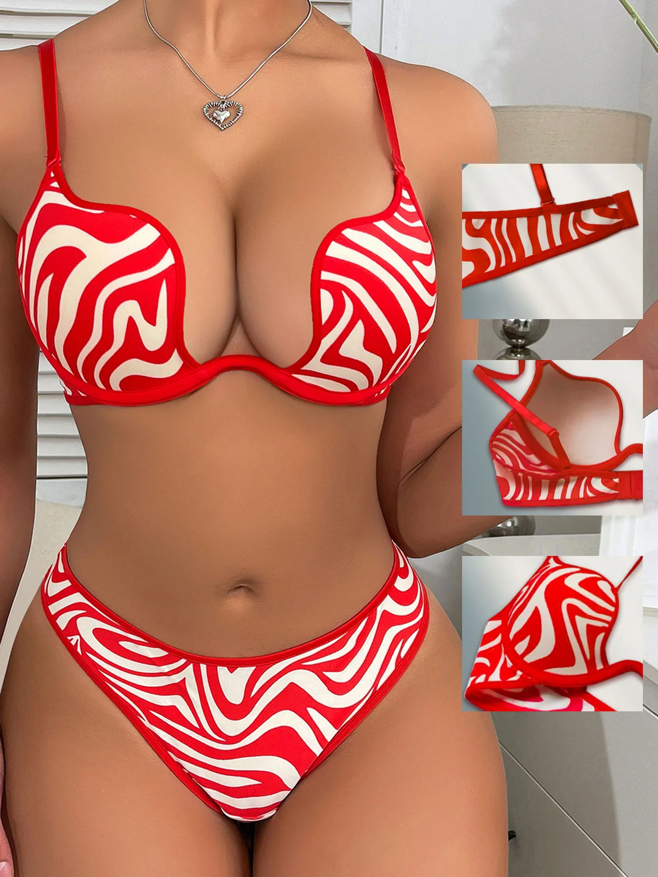 ملابس داخلية نسائية مخططة على شكل حرف U رفيعة، مجموعة ملابس داخلية مثيرة قابلة للتعديل لمجموعة حمالة صدر ولباس داخلي صغير #2