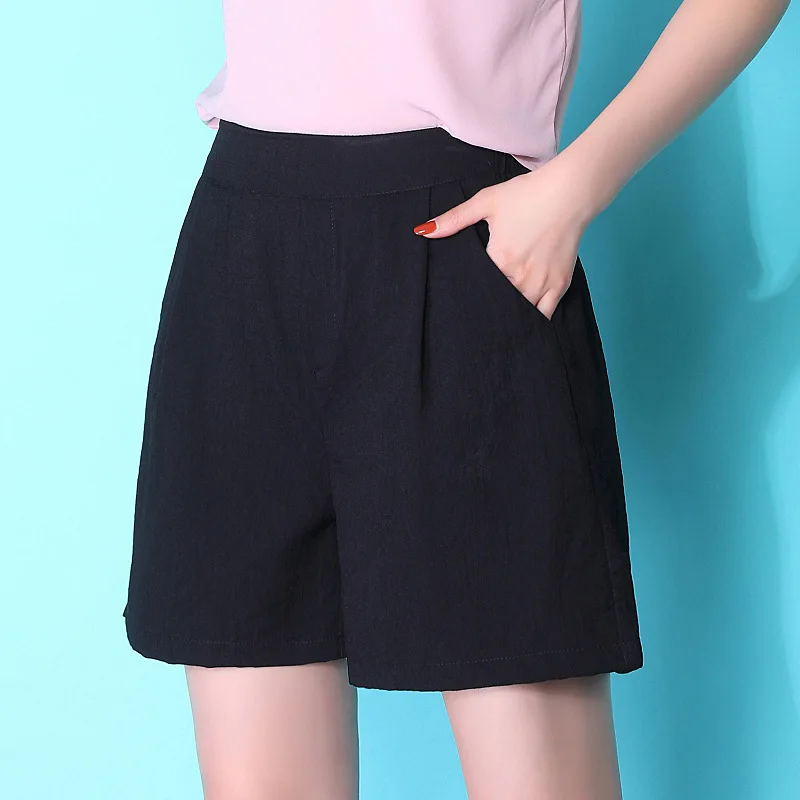 

Summer Bermuda Shorts Cotton Linen Summer Women's Solid Color Wide-legged pants Elastic High Waist Casual Pants