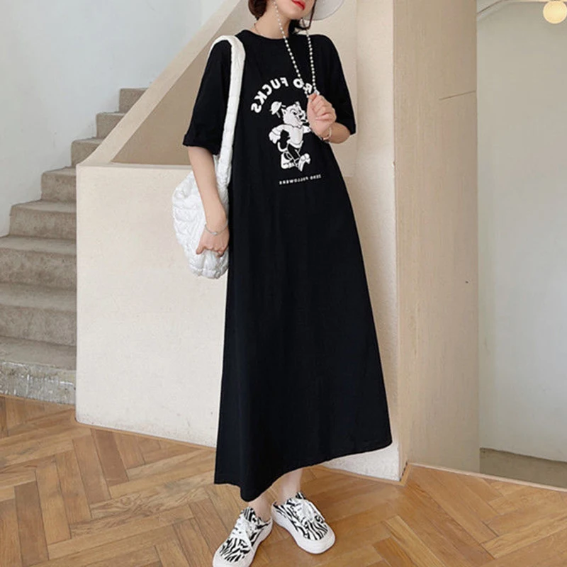 패션 느슨한 접합 인쇄 된 편지 접기 폴카 도트 캐주얼 드레스 여성 의류 2025 여름 새로운 가짜 두 조각 미디 드레스