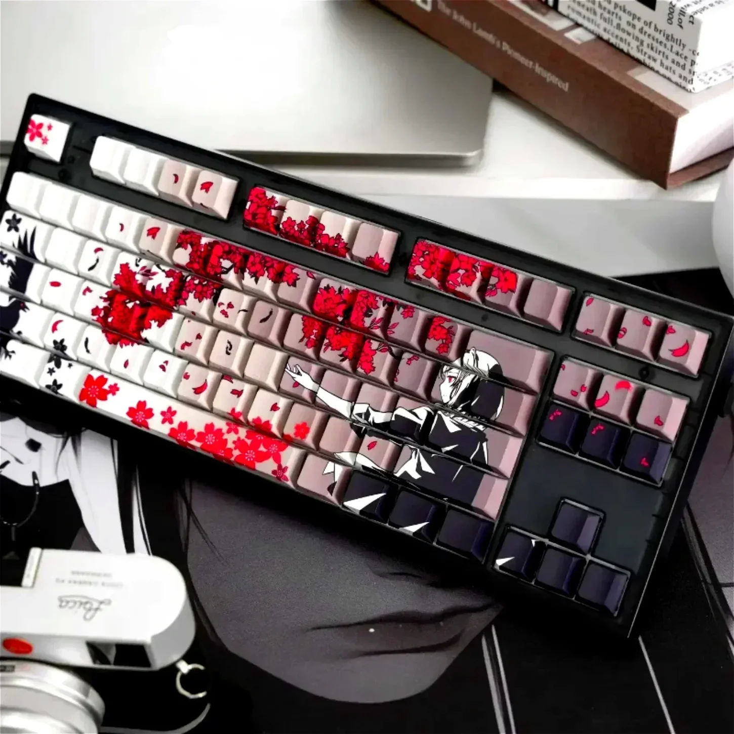 Sakura Raven Keycaps Sakura Sisi Terukir Tembus PBT Sublimasi Termal 130 Tombol untuk MX Switch Gaming Mekanis Keyboard