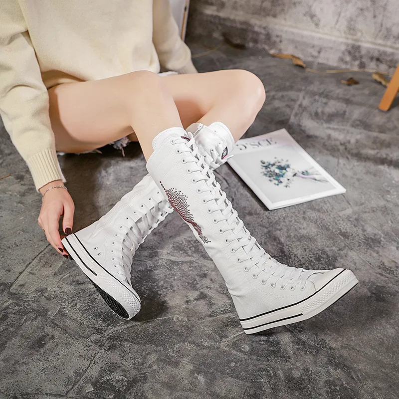 2023 Spring New Year Dance Women Shoes Trend Long Women Boots Hot Drill Lace Up Side Zipper Flat Canvas Shoes Performance Shoes