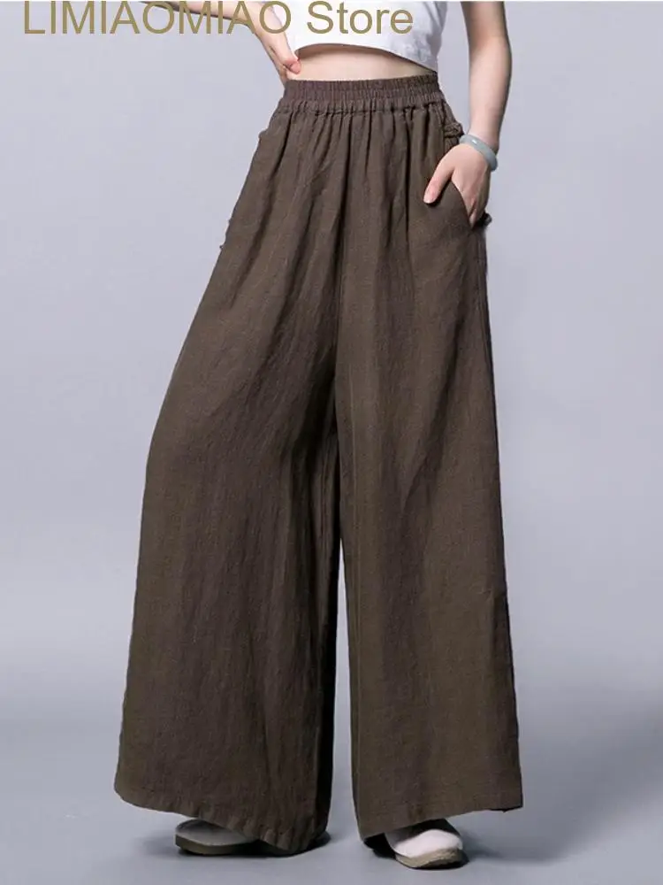 

New Summer Wide-leg Pants Retro Literature Cotton and Linen Thin High Waist Wide-leg Pants Slim Women's Loose Casual Pants