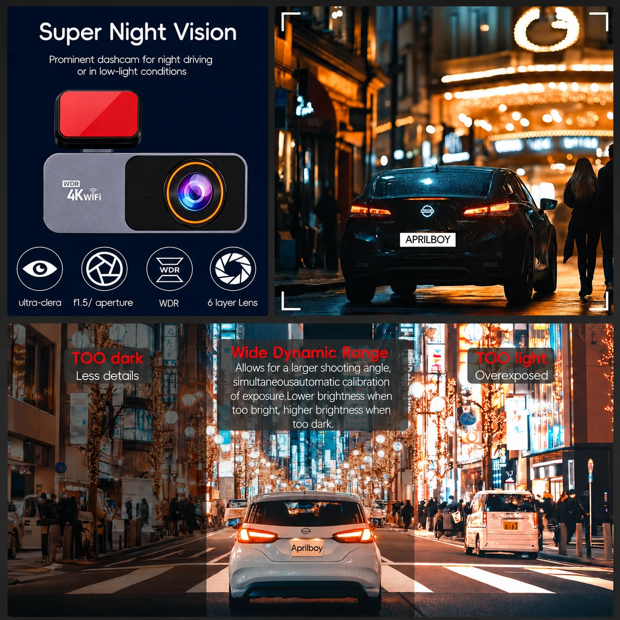 4K ultra high definition car recorder+1080P rear camera (optional), WDR ultra night vision function, collision sensor, and loop
