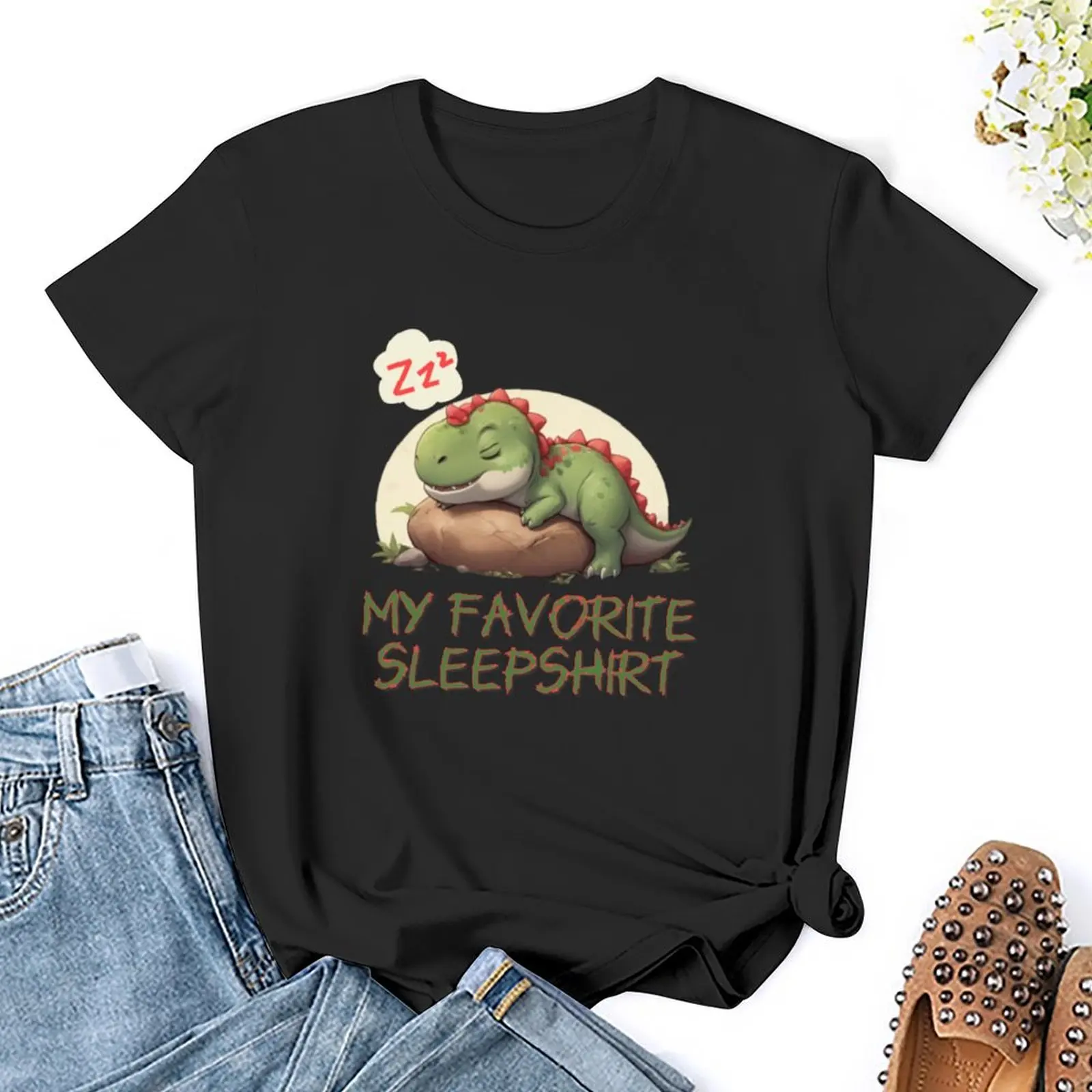 T-shirt noir coupe ample pour femmes, mini t-rex mignon, dormir sur les rochers, médicaments d'été