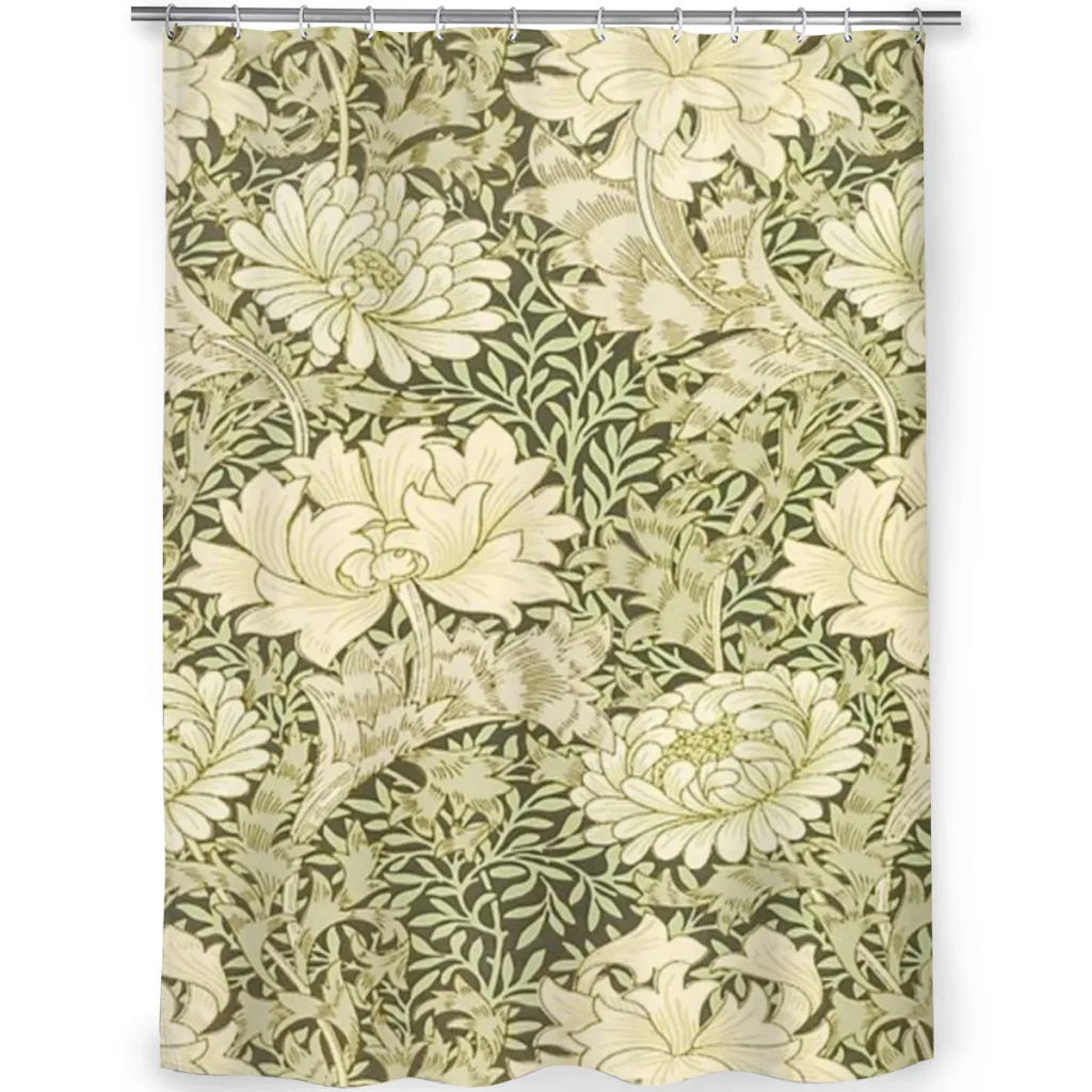 William Morris Vintage Green and White Chrysanthemum Floral Pattern Shower Curtain Landscape Bath Curtain With Hooks