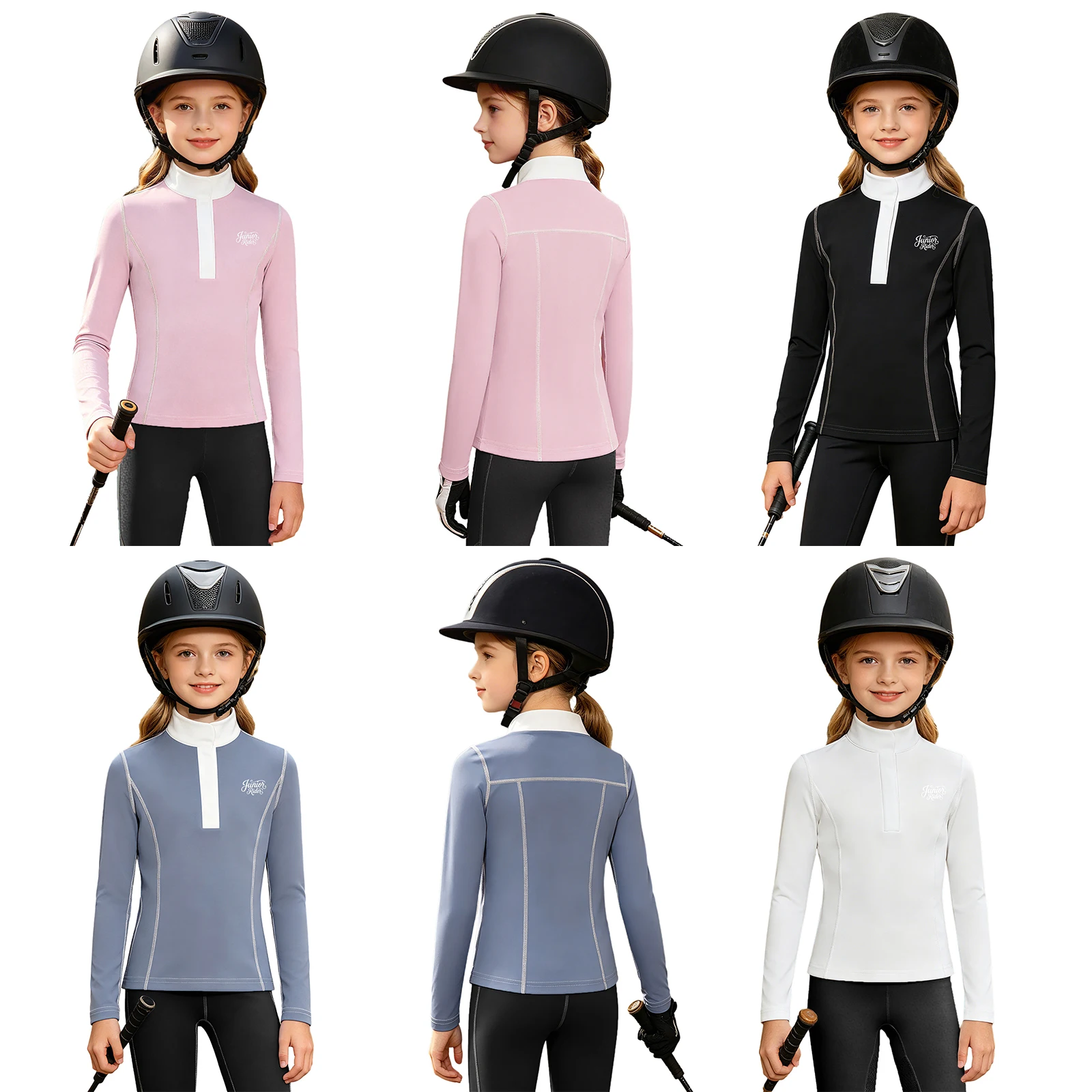 Kids Girls Long Sleeve Equestrian Show Shirt Contrasting Stand Collar Horse Riding T-shirt Quick-dry Athletic Sweatshirt