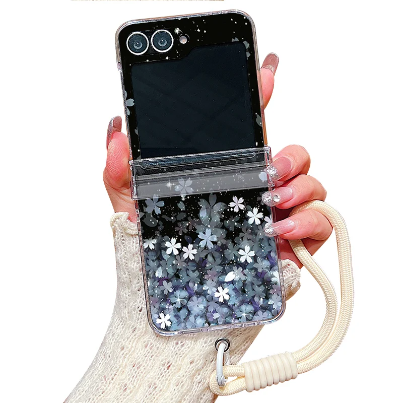 Cherry Blossom Lanyard Phone Case For Samsung Galaxy Z Flip 8 7 FE 6 5 4 3 5G Folding Hard Clear Cover For Samsung Z Flip7 Flip6
