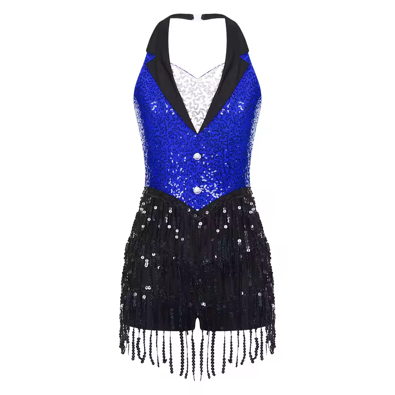 Women Modern Dance Dress Performance Costume Shiny Sequins Sleeveless Latin Jazz Tango Salsa Dance Leotard Bodysuit Dress Outfit - Image 8