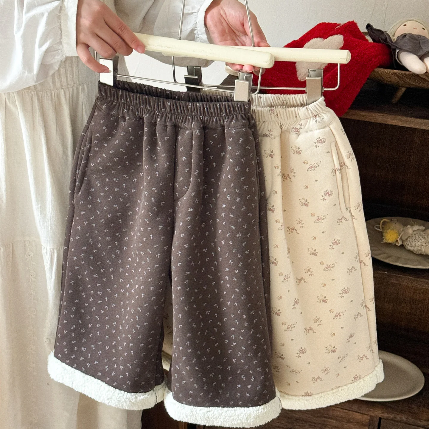 Children's Western Style Floral Flared Straight Leg Pants Winter New Korean Version Girls' Plus Alpaca Wool Pants