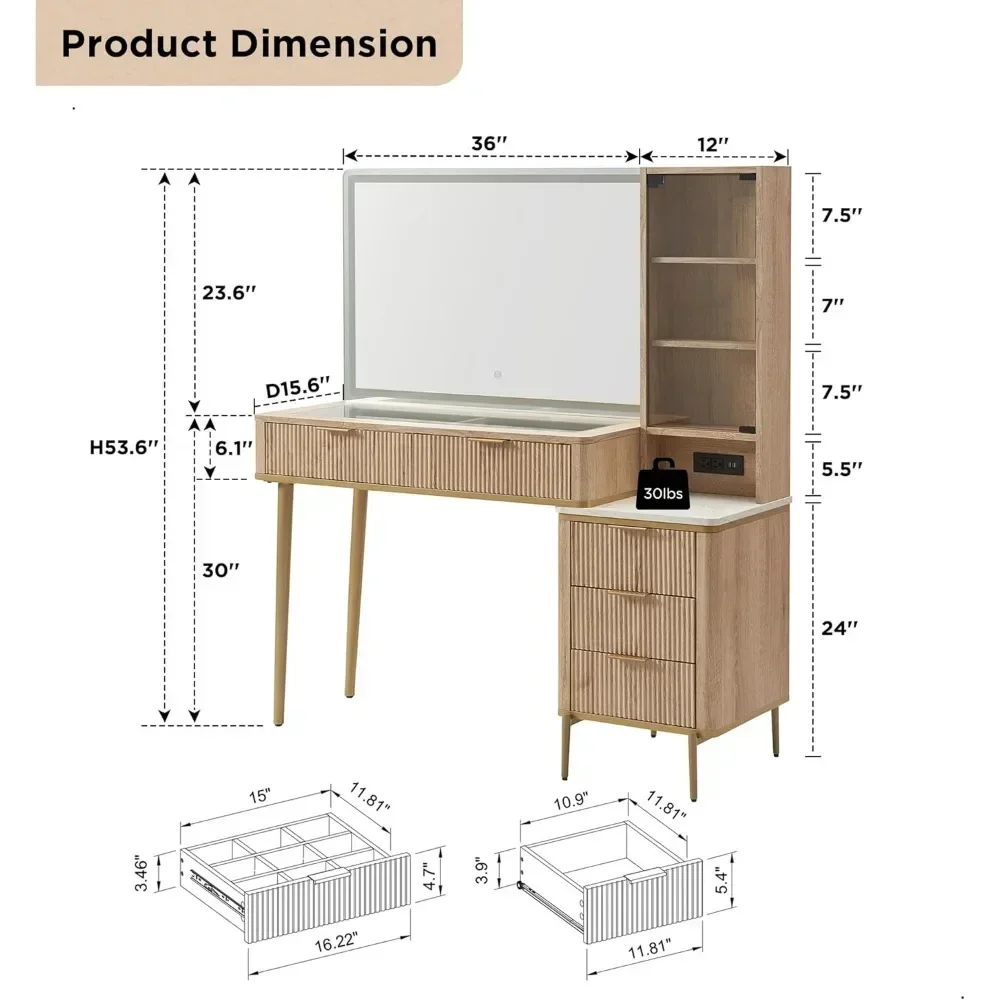 Fluted Makeup Vanity Desk with 36 Inch HD Lighted Mirror, 48 Inch Big Modern Vanity Desk with Mirror and Lights, Bedroom Dresser