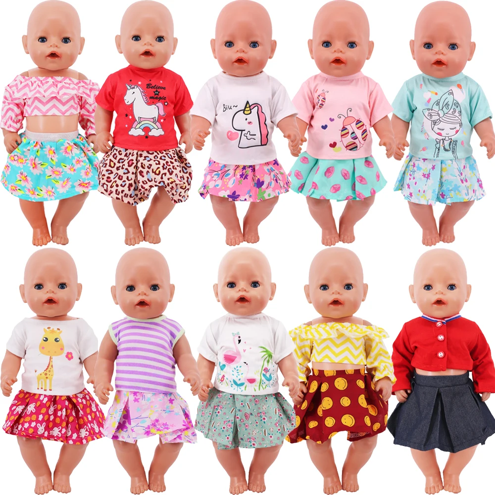 For 43Cm Baby Reborn Doll Clothes 18inch American Dress Accessories Cute Print T-shirt Pleated Skirt Baby Girl's OG Dolls Gifts