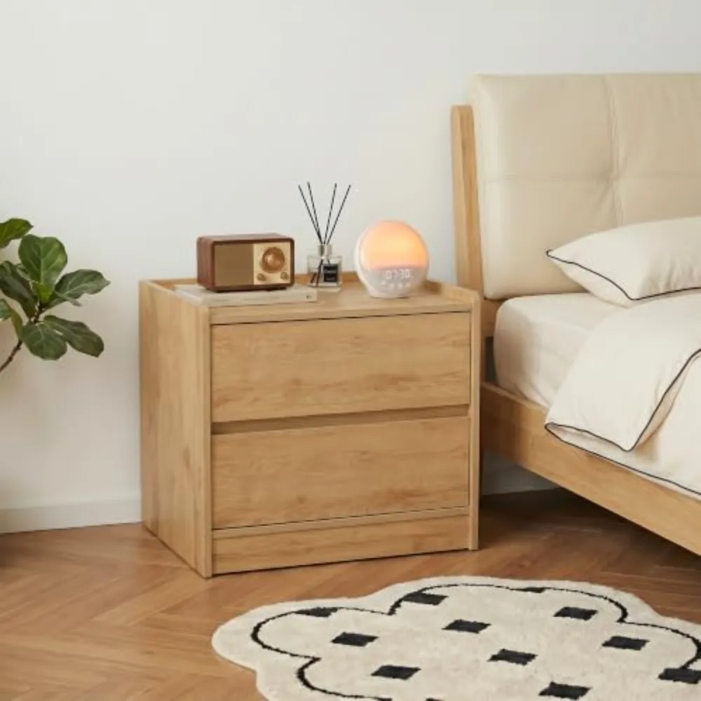 Wood Night Stand, 2 Drawer Bedside Table | Modern Oak Nightstand with Drawers, Bedside End Table with Raised Edge Guard