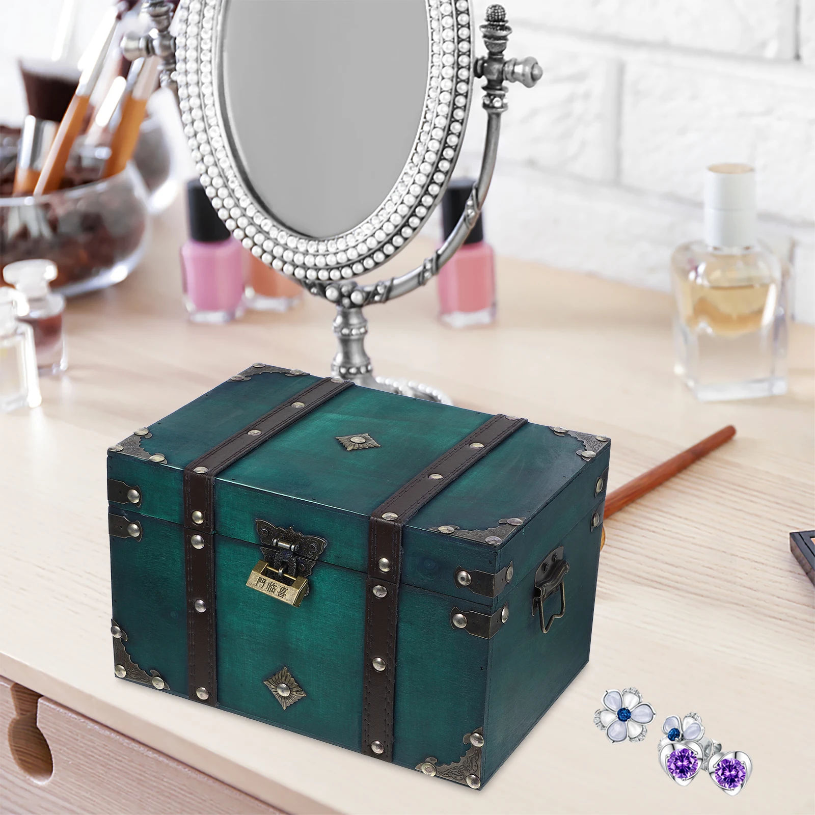 

Retro Storage Box Vintage Jewelry Organizer Green Large Size with Lock for Photography Accessories Small Treasure Chest Trinket