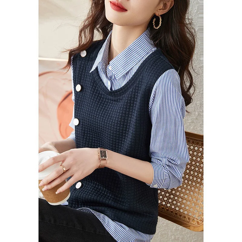 Fashion Button Spliced Fake Two Pieces Striped Blouse Women\'s Clothing 2022 Autumn Loose New Casual Pullovers All-match Shirt