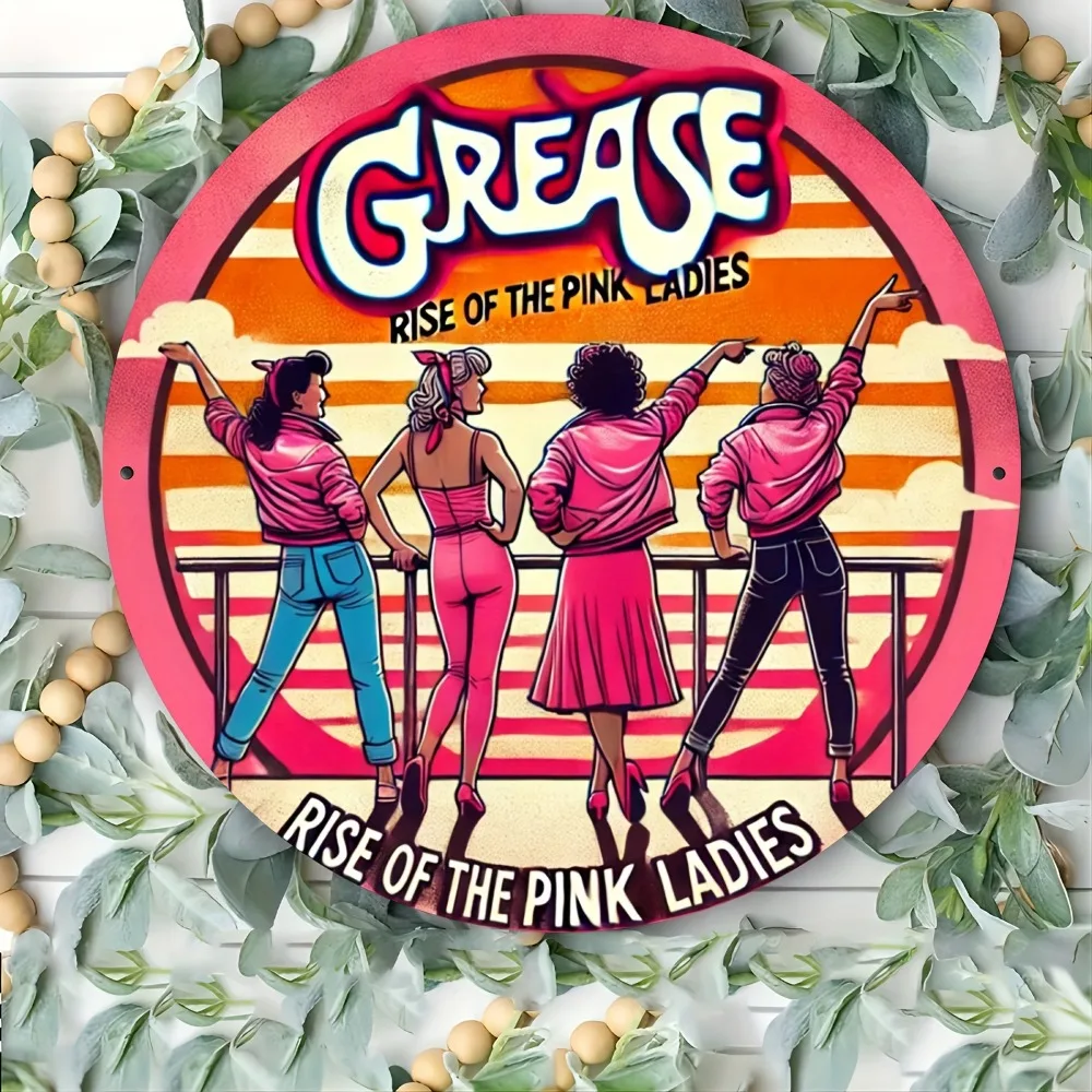 Brand Grease Pink Ladies Engraved Aluminum Foil Sign 8x8 Inch Round Metal Wall Art Durable Home Office Bar Cafe Decor Indoor Out