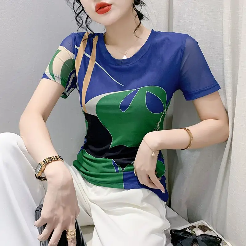 Women's Fashion Short Sleeve T-Shirt Designer Geometry Mesh Print Round Neck Tops Spring Summer New Ladies Tee