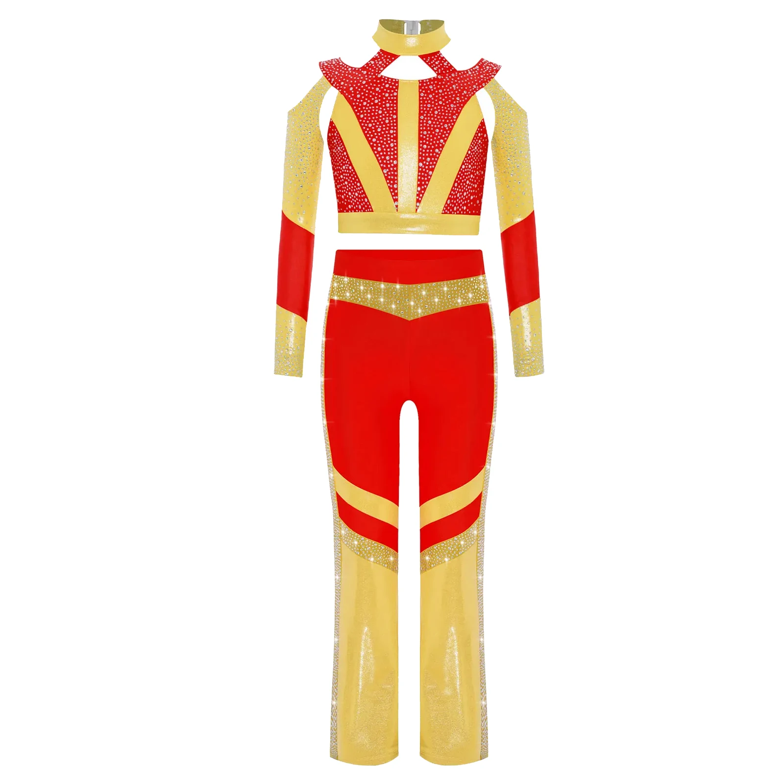 

Girls Crop Top And Flared Pant Gymnastics Acrobatics Performance Outfits Children Sequins Jazz Dance Modern Hip Hop Costume